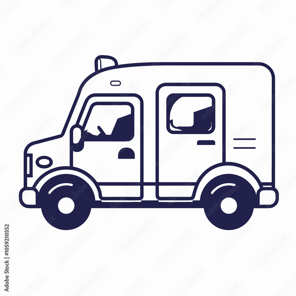 Blue and white truck with a red light on top. The truck is parked on a white background Blue and white truck with a red light on top. The truck is parked on a white background