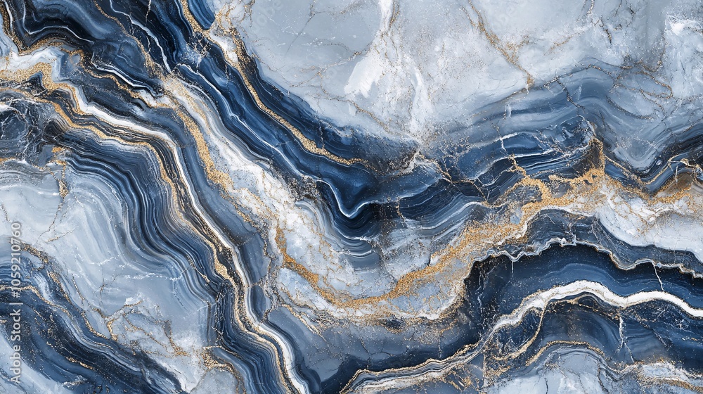 Fototapeta premium Beautiful abstract marble texture with swirling patterns in shades of blue, gray, and gold. Perfect for background or design projects.