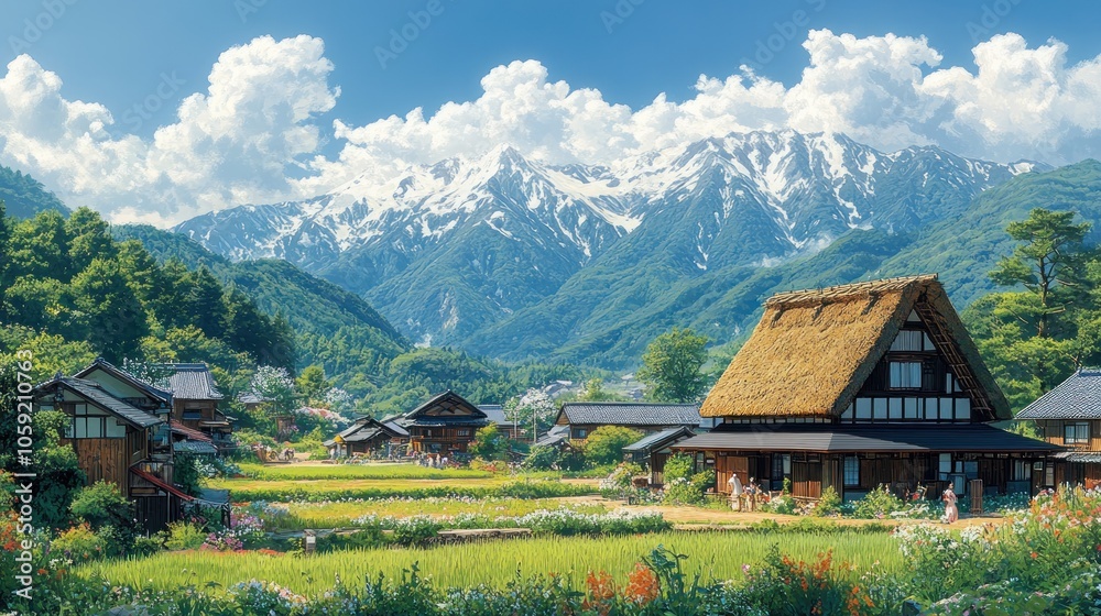 Fototapeta premium Traditional Japanese Village Nestled Amidst Majestic Snow-Capped Mountains