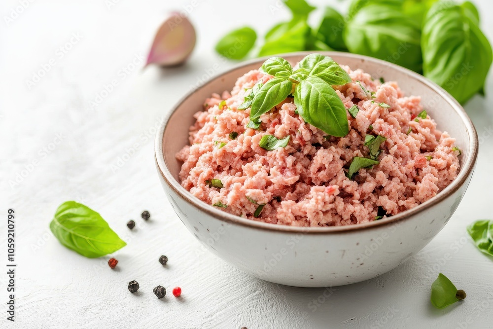 Bowl of minced chicken with basil on white Bowl of minced chicken with basil on white