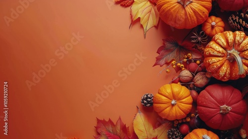 Autumnal Fruit and Leaves on Wooden Surface