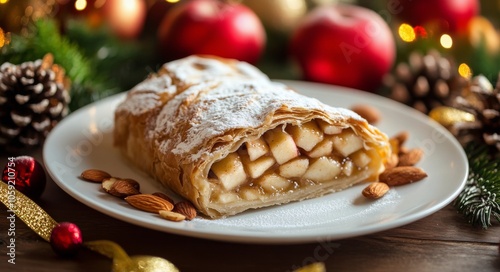 Delicious apple strudel served on a festive plate with holiday decorations in...