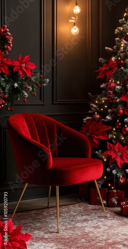 Cozy red chair in a festive room decorated with a Christmas tree and poinsettias