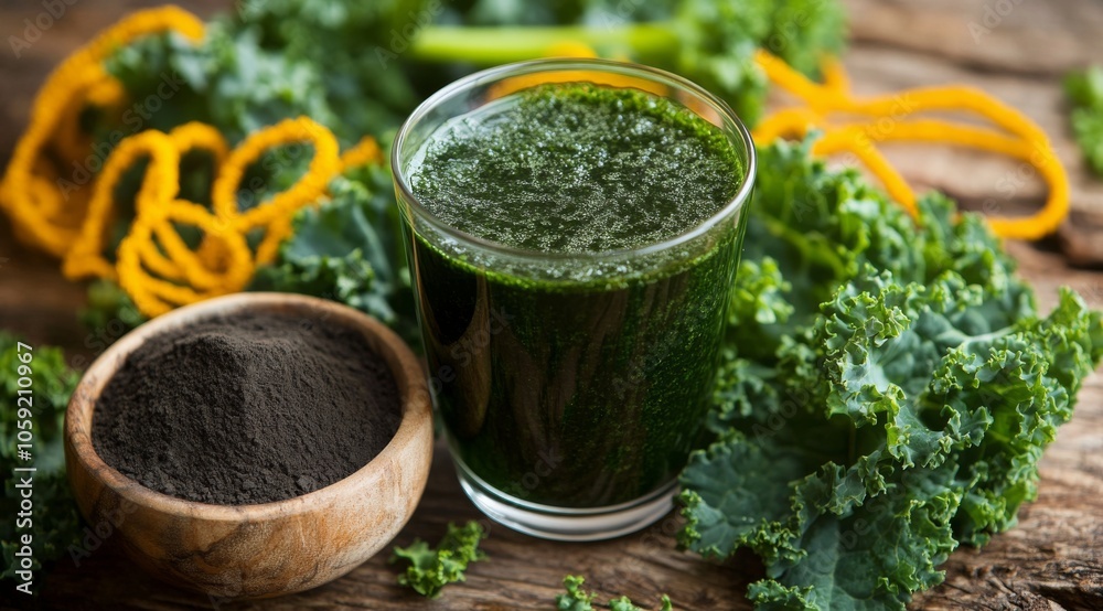 Fresh green smoothie with kale and spices on a rustic wooden table Fresh green smoothie with kale and spices on a rustic wooden table
