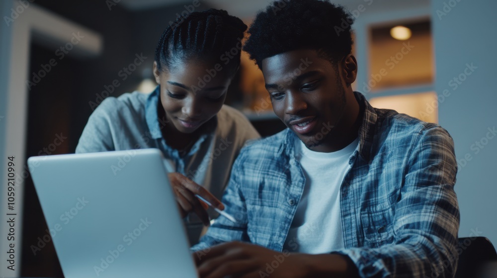 A supportive adult helping a Black teen connect with online mental health resources and hotlines, A supportive adult helping a Black teen connect with online mental health resources and hotlines,