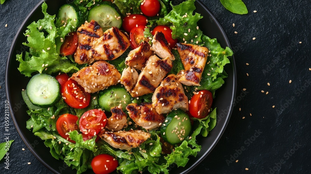 Grilled chicken salad with cherry tomatoes and cucumbers served in a black bowl Grilled chicken salad with cherry tomatoes and cucumbers served in a black bowl