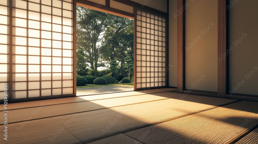 A serene view from a traditional Japanese room with shoji doors leading to a lush garden, basking in warm sunlight. A serene view from a traditional Japanese room with shoji doors leading to a lush garden, basking in warm sunlight.