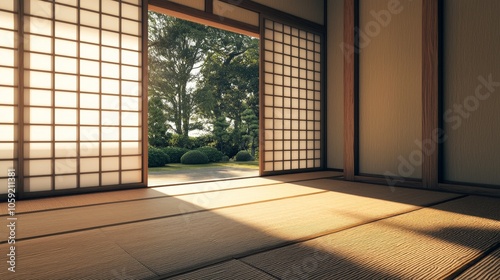 A serene view from a traditional Japanese room with shoji doors leading to a lush garden, basking in warm sunlight.