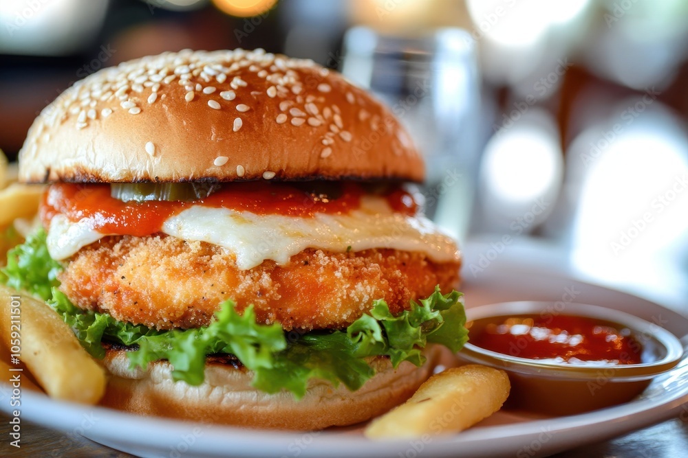 Breaded chicken parmesan on a sesame bun with melted mozzarella and tomato sauce Breaded chicken parmesan on a sesame bun with melted mozzarella and tomato sauce