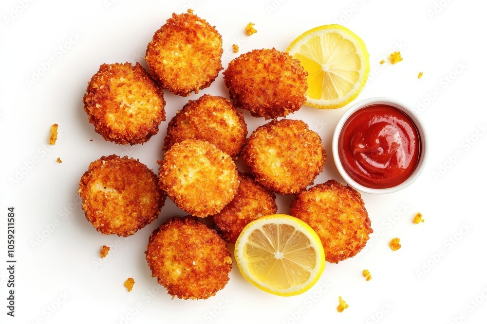 Breaded chicken patties or fish cakes served with ketchup and lemon slices on a white background overhead view Breaded chicken patties or fish cakes served with ketchup and lemon slices on a white background overhead view
