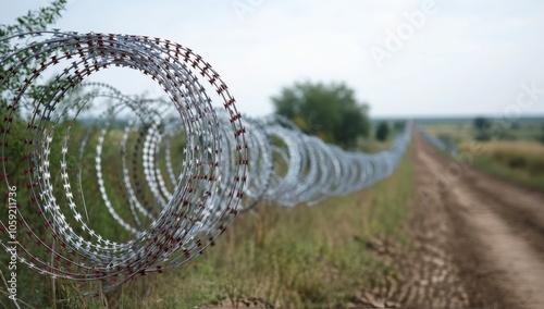 Barbed wire fencing along a dirt path in an open field under a clear sky
