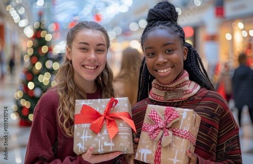 Two Friends Exchange Christmas Gifts in a Mall