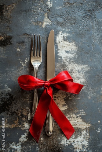 Cutlery with a red ribbon on a textured surface for a special occasion setting