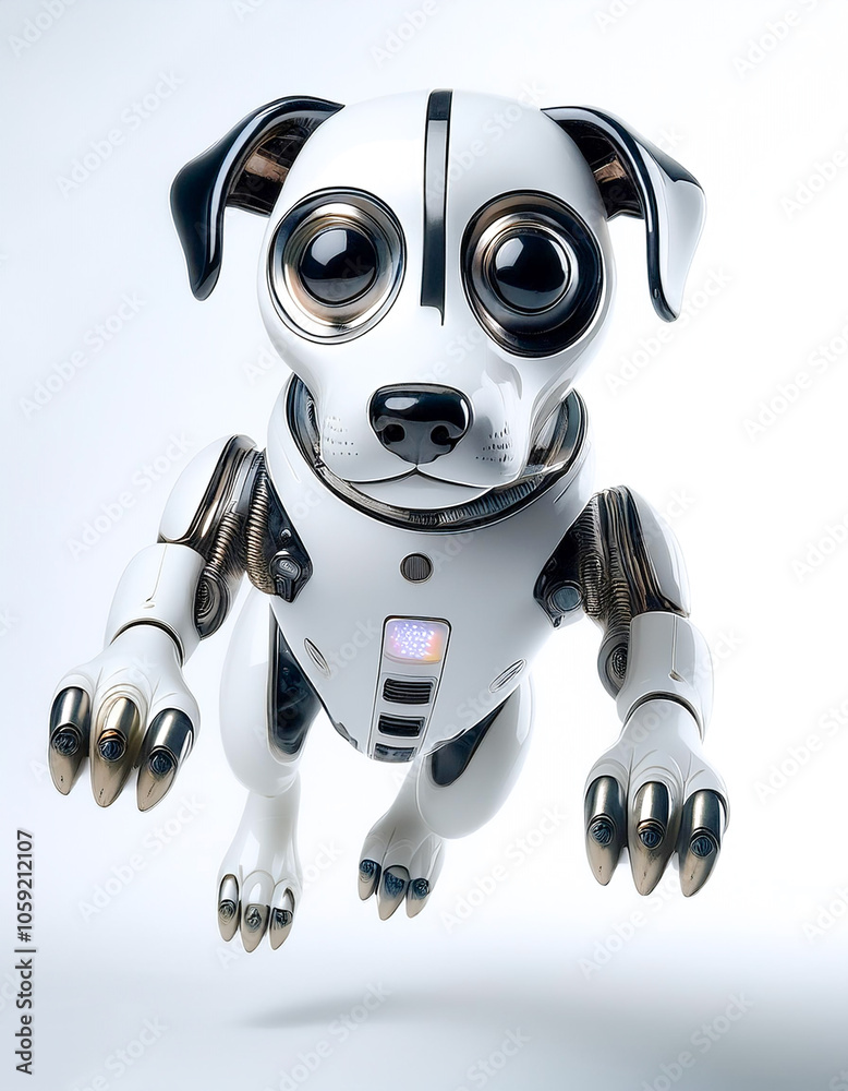 AI Dog Robot floating or flying isolated white background AI Dog Robot floating or flying isolated white background