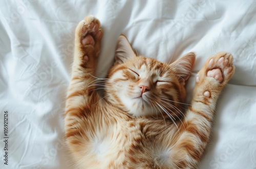 Orange Tabby Cat Sleeping With Paws Up on White Bedding