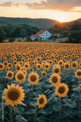 Sunflowers blooming at sunset in a hillside field