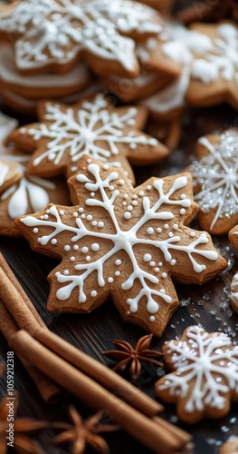 Homemade snowflake-shaped cookies decorated with icing on a wooden surface wi...