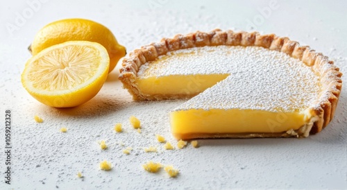 Lemon pie slice with powdered sugar and a lemon wedge on a light background