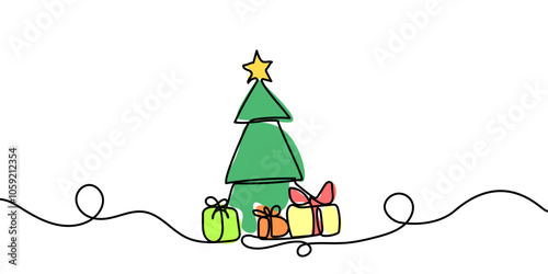 Christmas tree with boxes - hand drawing one single continuous line. Vector stock illustration isolated on white background for design template winter banner, greeting card. Editable stroke. EPS 10.