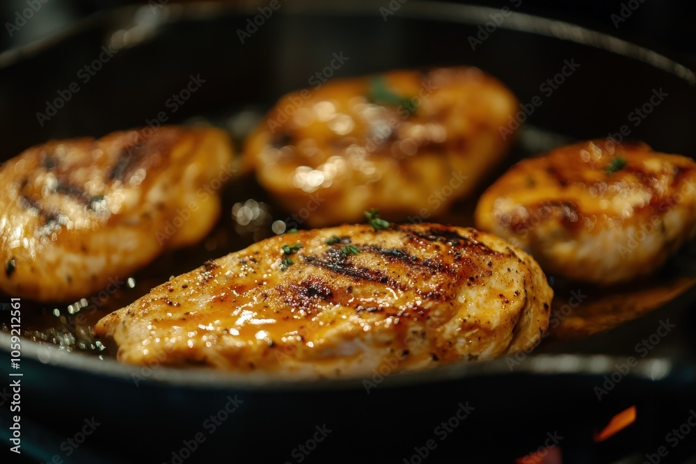 Buffalo chicken breasts on a cast iron skillet with a dark backdrop Buffalo chicken breasts on a cast iron skillet with a dark backdrop