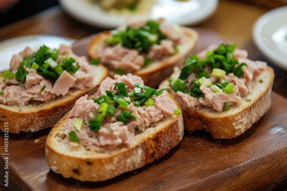 Bruschetta with tuna pate green onion and fish rillettes on a wooden platter Bruschetta with tuna pate green onion and fish rillettes on a wooden platter