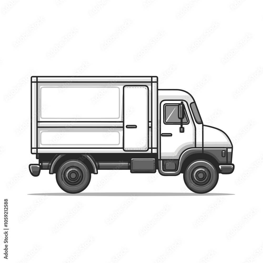 White truck is parked on a road. The truck is large and has a white door. The truck is parked in front of a building White truck is parked on a road. The truck is large and has a white door. The truck is parked in front of a building