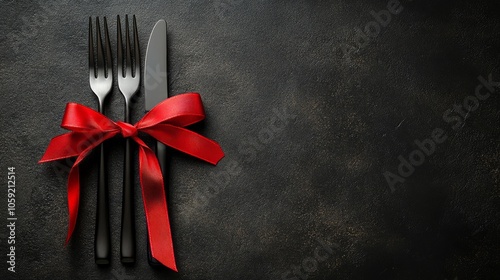 Silver cutlery with a red ribbon on a textured background for festive dining