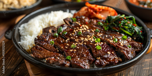 Close-up of bulgogi with savory-sweet sauce served with steamed rice and colorful Korean banchan