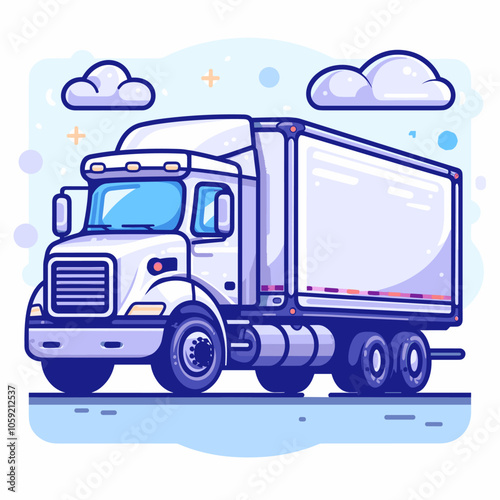 White semi truck is driving down a road. The truck is large and has a blue stripe on the side. The sky is cloudy and the road is empty