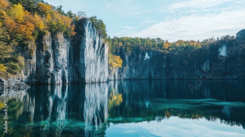 A tranquil scene of Lake Mashu, one of Japan's clearest lakes, surrounded by steep, forested photo