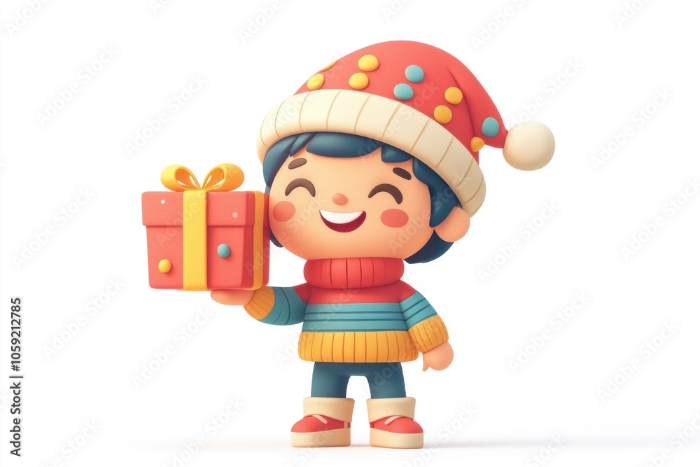 Festive Gift Giving: Cheerful Character Holding Gift in Vibrant Holiday Celebration on White Background in 2D Flat Style Festive Gift Giving: Cheerful Character Holding Gift in Vibrant Holiday Celebration on White Background in 2D Flat Style