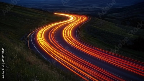 A winding road illuminated by streaks of car lights at dusk, surrounded by rolling hills and a serene landscape.