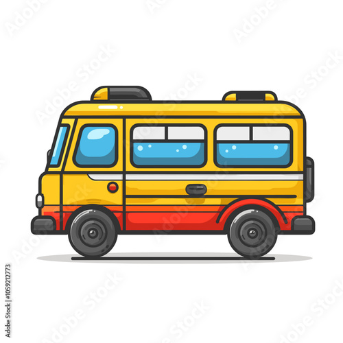 Yellow and orange bus with a blue stripe. The bus is parked on a white background