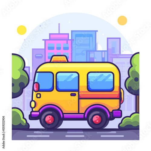 Yellow and purple bus is driving down a street in a city. The bus is surrounded by trees and buildings, giving the impression of a busy urban environment