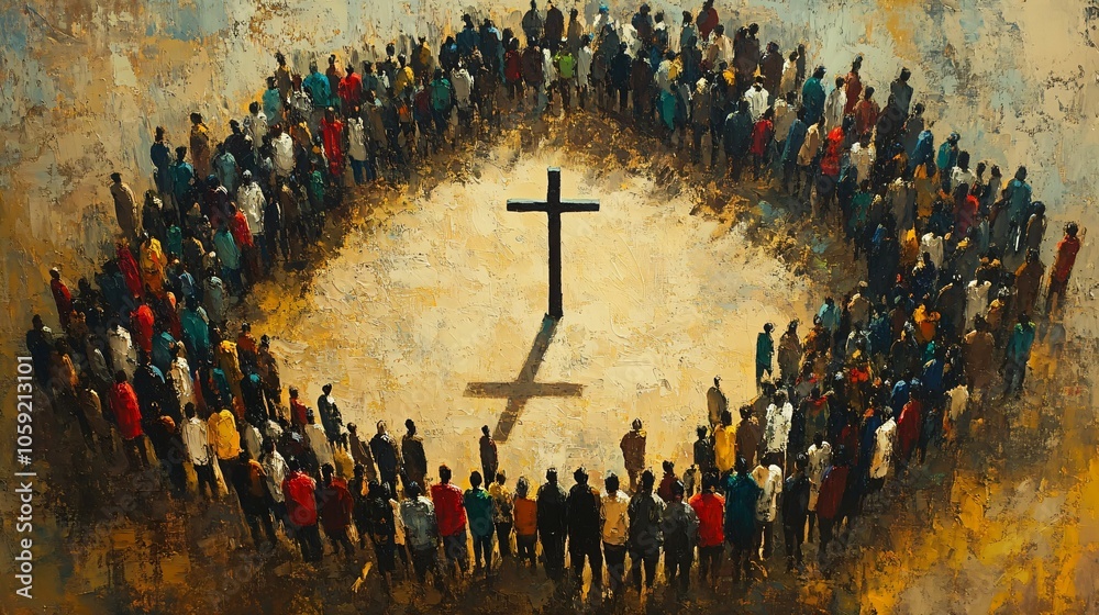 Obraz premium Many people around the cross, christian concept, modern painting 