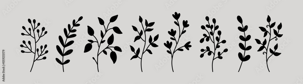Botanical silhouette elements. Floral doodles. Set of abstract twigs with leaves of different shapes. Hand-drawn vector illustration. Perfect for cards, decorations, various designs. Botanical silhouette elements. Floral doodles. Set of abstract twigs with leaves of different shapes. Hand-drawn vector illustration. Perfect for cards, decorations, various designs.