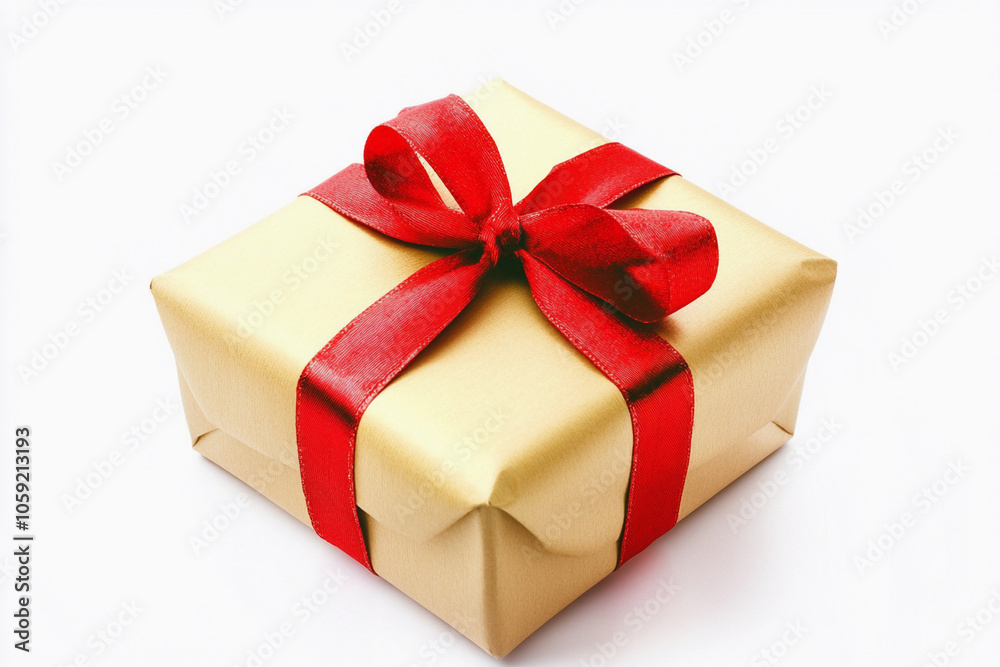 Gift wrapped in gold with a red ribbon on a white background Gift wrapped in gold with a red ribbon on a white background