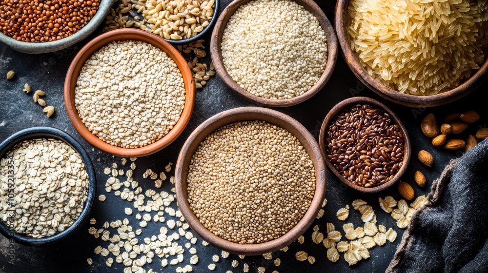 A variety of whole grains like quinoa, brown rice, and oatmeal on a table with an overlay about A variety of whole grains like quinoa, brown rice, and oatmeal on a table with an overlay about