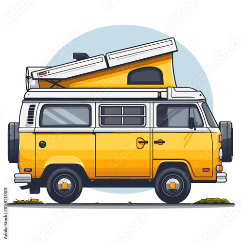 Yellow and white van with a roof top. The van is parked on a road