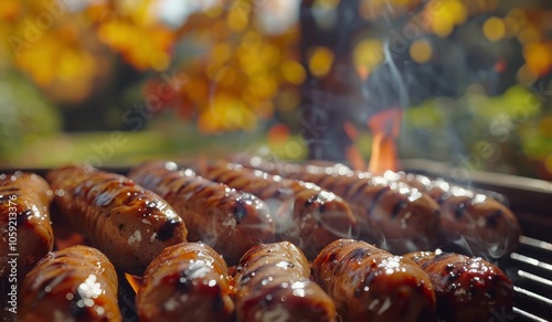 Grilled Sausages on a Barbecue Grill With Fall Foliage in the Background
