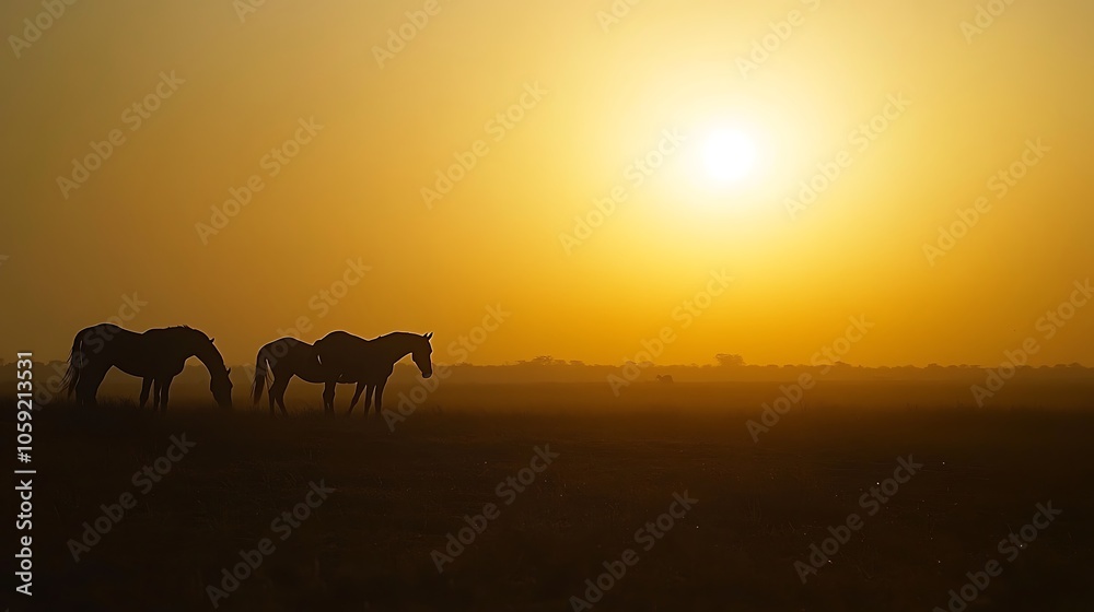 Silhouettes of Two Horses Grazing in a Golden Sunset Silhouettes of Two Horses Grazing in a Golden Sunset