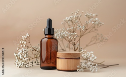 Brown Glass Dropper Bottle and Wooden Cream Jar With White Flowers