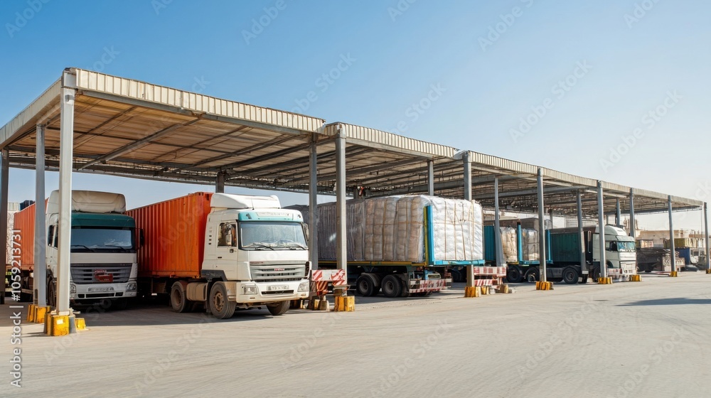 Trucks being loaded with cargo at a shipping facility Trucks being loaded with cargo at a shipping facility