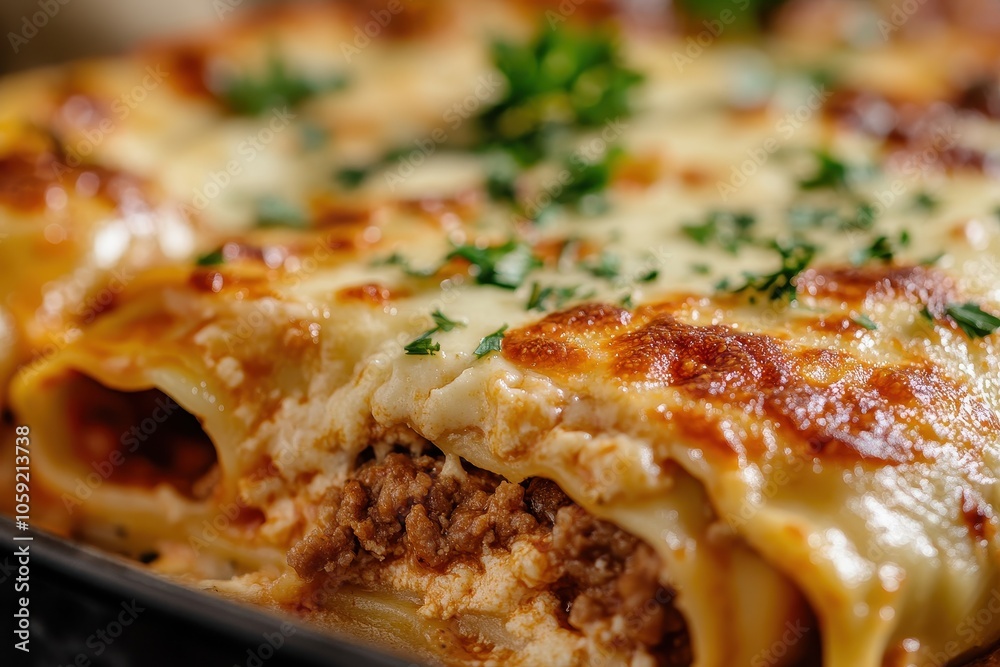 Cannelloni stuffed with meat in béchamel sauce focused shot Cannelloni stuffed with meat in béchamel sauce focused shot