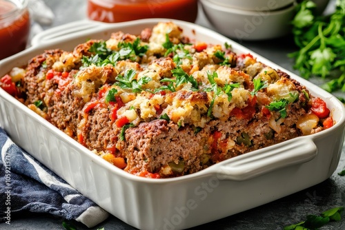 Casserole dish with ground beef and stovetop stuffing photo