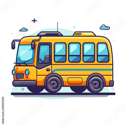 Yellow school bus with a cartoon face and a smiling sun on the roof. The bus is driving down the road with a clear blue sky in the background