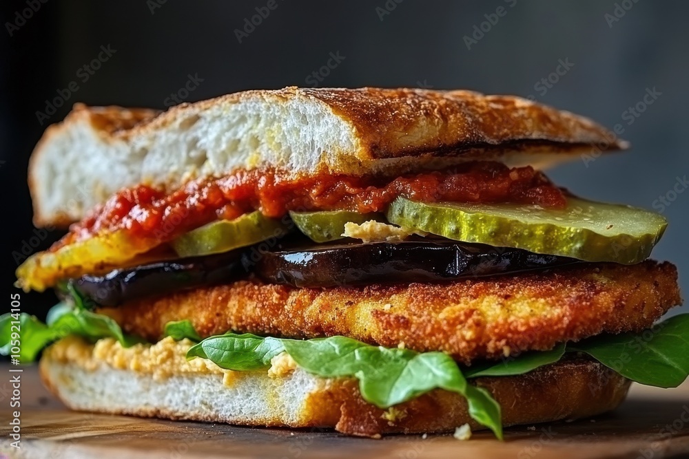 Challah sandwich with chicken schnitzel tomato sauce hummus fried eggplant lettuce and pickles Challah sandwich with chicken schnitzel tomato sauce hummus fried eggplant lettuce and pickles