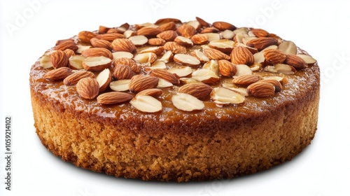 Delicious almond cake topped with sliced almonds and a golden glaze on a whit...