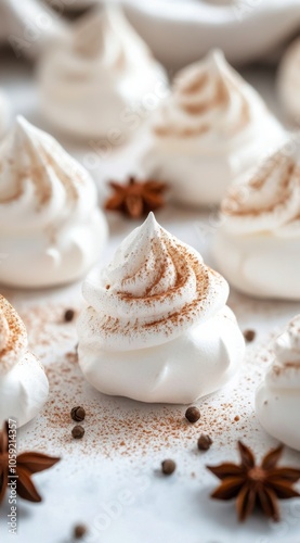 Delicious swirls of cream topped with spices on a dessert table at a cozy gat...