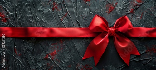 Red Satin Ribbon Bow on Black Textured Surface